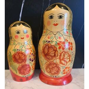 12½" & 9½" Russian Matryoshka Babushka Nesting Wooden Dolls Handmade 70s Two Pcs